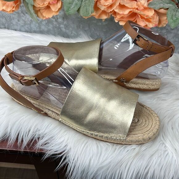 Tory Burch Gold Landon Espadrille Ankle Wrap Open Toe Sandals size 10.5 - Picture 1 of 12